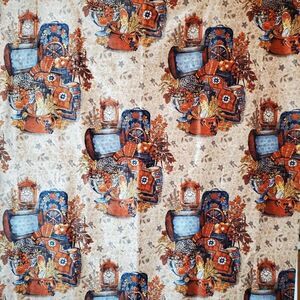 Vintage 70s 80s Velvet Americana Upholstery Fabric Folkart Clock Quilt 51"X55"